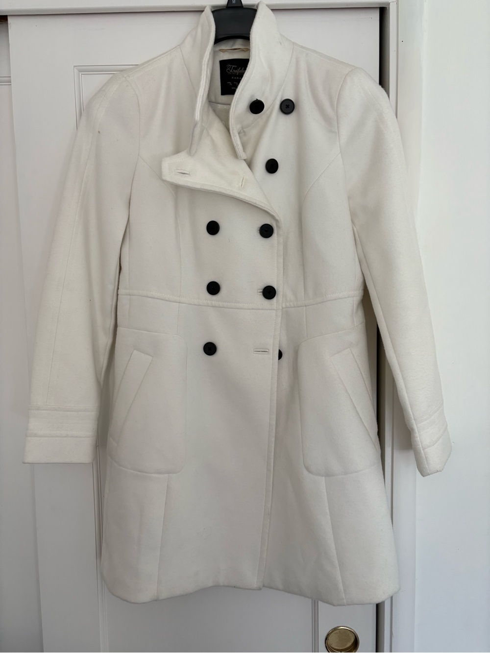 Zara White Double-Breasted Pea Coat with Black Buttons